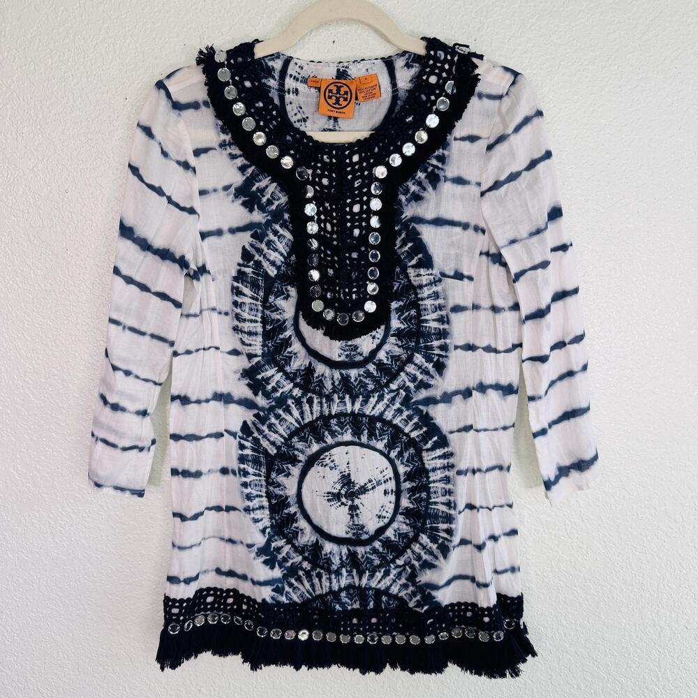 Tory Burch Tunic Womens 6 Tie Dye Mirror Embellished Boho Festival Top Beachy